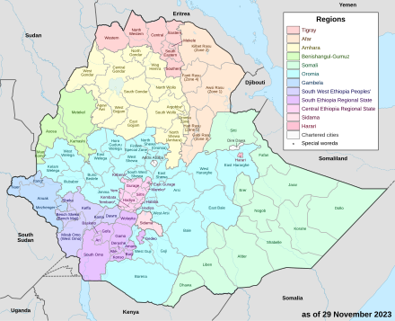 2000 map of the regions and zones of Ethiopia showing Administrative Zone 1 in Gambela Map of zones of Ethiopia.svg