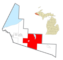 Gogebic County (kırmızı) ve yönetilen Marenisco topluluğu (pembe) içindeki konum
