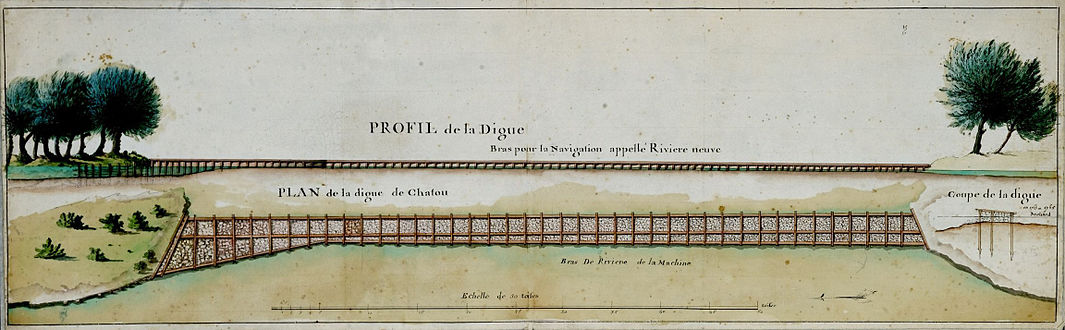 Dique fluvial en Chatou (planta, sección y perfil) (1763-1765)