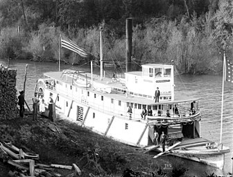 Mascot, a typical wooden-hulled sternwheeler, "wooding up", circa 1900.