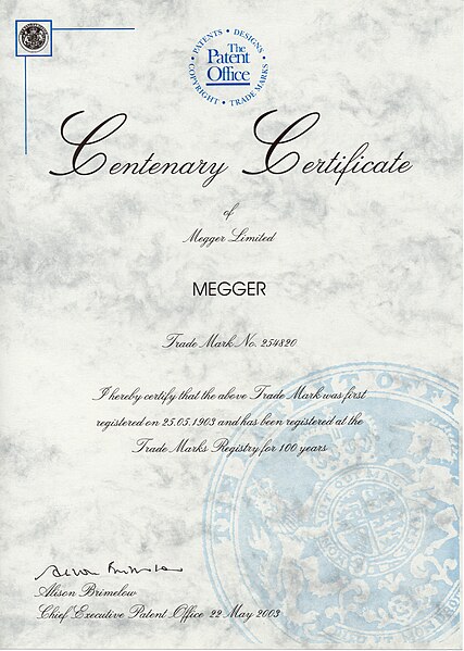 File:Megger Centenary Certificate by Megger.jpg