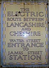 Water Street entrance sign for James Street station from just after electrification of the Mersey Railway.