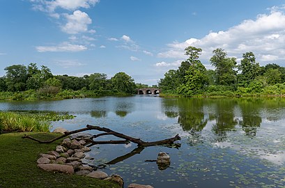 Music Court Bridge seen from the Japanese Garden of the Phoenix, Chicago, Illinois, US