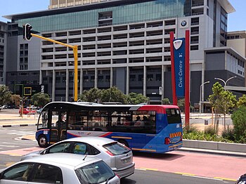The Civic Centre station of the MyCiti Bus Rapid Transit system in Cape Town, South Africa along with a docked MyCiti bus