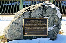 Marker in Freese Park, Norwalk, Connecticut that is denoted as the embarkation point for Hale's fatal mission NathnHalEmbar2.jpg