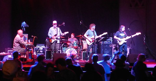 New Riders of the Purple Sage in 2015. Left to right: Buddy Cage, Michael Falzarano, Johnny Markowski, David Nelson, Ronnie Penque.