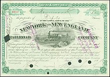 Share of the New York and New England Railroad Company, issued March 6, 1893 New York and New England Railroad Company 1893.jpg