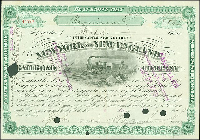 Share of the New York and New England Railroad Company, issued March 6, 1893