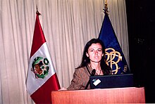 Batini at the Central Reserve Bank of Peru in 2006 launching a book on dollarization Nicoletta Batini Dollarization 1.jpg