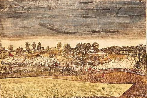 A 1775 drawing by Amos Doolittle of the engagement at the North Bridge based on witness accounts and his own inspection of the bridge