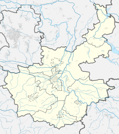 Mapa konturowa powiatu nowosolskiego, na dole znajduje się punkt z opisem „Bielice”
