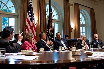 Negotiations throughout July 2011 eventually reached a deal to pass the Budget Control Act, which resolved the United States debt-ceiling crisis in return for significant budget cuts over the following ten years. Pictured is a July 13 negotiation session involving President Barack Obama and Congressional leaders Eric Cantor, Nancy Pelosi, John Boehner, Harry Reid, and Mitch McConnell. Obama meets with Congressional Leadership July 2011.jpg