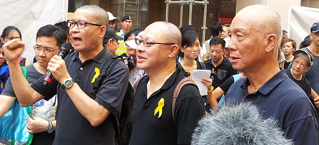 Chan Kin-man, Benny Tai and Chu Yiu-ming, lead first OCLP-linked march (Black Banner protest), 14 September 2014