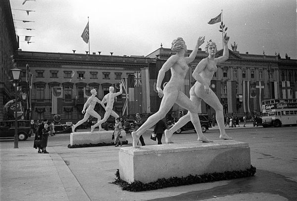 Monument at Pariser Platz in Berlin, 1936. The promotion of sports during the Nazi regime went hand-in-hand with theatrical nationalistic triumphalism