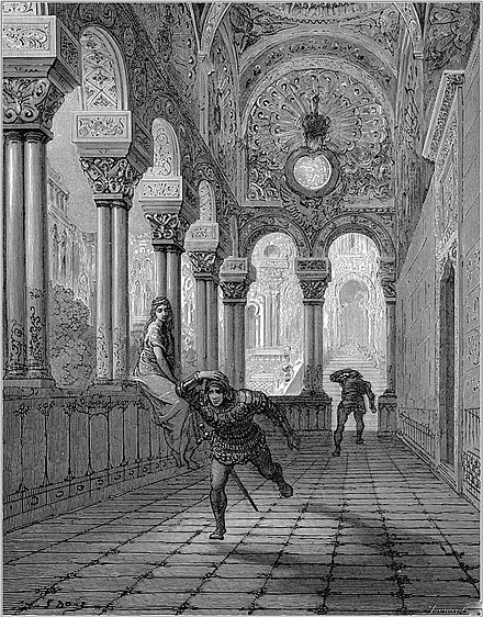Enchanted knights see the illusions of their loves in Atlantes's castle; an illustration by Gustave Dore to Orlando Furioso Orlando Furioso 28.jpg