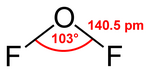 Structural formula of oxygen difluoride with bond length and angle