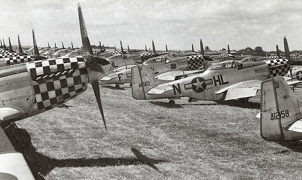 P-51D Mustangs, mostly from the 78th Fighter Group, in storage at RAF Duxford, England, Summer 1945. Most of these aircraft were returned to the Unite