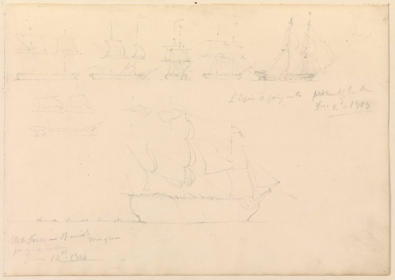 File:Page of slight sketches of fighting vessels, including 'L'Espoir' and 'Al-de-Fonso', 1813 and 1814 RMG PY3793.tiff