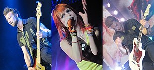 Da sinistra a destra, i membri dei Paramore dal 2011 al 2015: Jeremy Davis, Hayley Williams e Taylor York