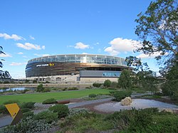 Optus Stadium, host venue of the 2021 AFL Grand Final. Perth Stadium seen from Chevron Parkland, March 2021.jpg