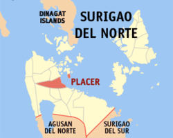 Mapa ng Surigao del Norte na nagpapakita sa lokasyon ng Placer.
