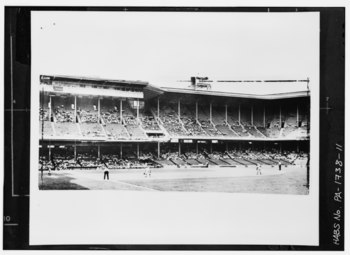 Photocopy of photograph showing the interior of the stadium. This was taken on September 10, 1963 during a game between Phillies and Mets - Shibe Park (Stadium), 2701 North HABS PA,51-PHILA,683-11.tif