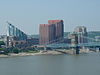 Covington's modern skyline with the Historic Roebling Bridge and the Ohio River