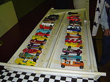 Pinewood derby cars ready to race Pinewood cars 2004.jpg