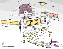 Plan of the Sanctuary of Apollo at Delphi; the Monument of Aemilius Paullus is marked as no. 27 Plan Delphi Sanctuary of Apollo colored.svg
