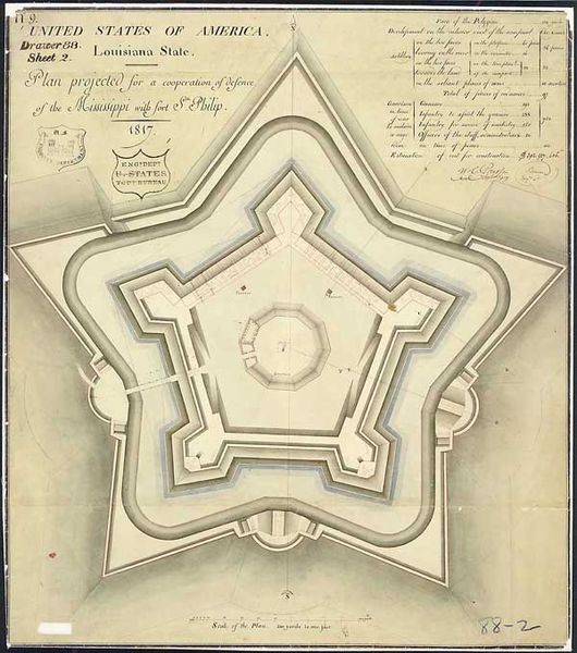 An 1817 plan for the fort that would become Fort Jackson in support of Fort St. Philip