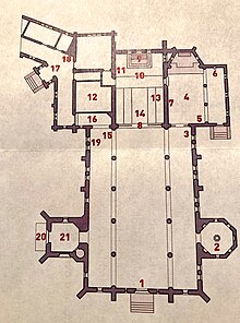 Floor plan of the church: (1) west door; (2) baptistry; (3) Good Shepherd votive shrine; (4) Lady Chapel; (5) tower bells console; (6) Marian votive shrine; (7) icons; (8) Rood Screen; (9) High altar; (10) altar rail; (11) bishop's chair; (12) organ pipes chamber; (13) organ console; (14) chancel; (15) Our Lady of Walsingham votive shrine; (16) war memorial; (17) bishop's door; (18) sacristy entrance; (19) nativity window; (20) Good Shepherd statue above the north door; (21) bell tower Plan of Church of the Good Shepherd (Rosemont, Pennsylvania).jpg