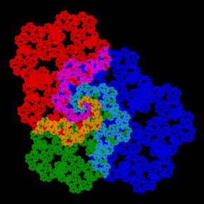 A plastic Rauzy fractal: the combined surface and the three separate tiles have areas in the ratios r : r : r : 1. Plastic Rauzy ac.png