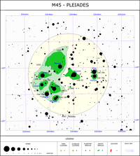 A star chart of the Pleiades and their nebulae A widefield view of The Pleiades showing the surrounding dust. Image taken with 56 hours of total exposure time.