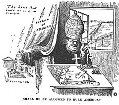 Guardians of Liberty, an anti-Catholic caricature by the Ku Klux Klan-affiliate Alma White (1943), founder and bishop of the Pillar of Fire Church Poperob.jpg