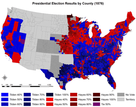 Results by county explicitly indicating the percentage of the winning candidate in each county. Shades of blue are for Tilden (Democratic), and shades of red are for Hayes (Republican).