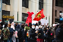 Large crowd of protesters on the streets of Toronto. A red dress and Mohawk Warrior flag can be seen hoisted above the crowd.
