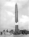 Redstone trainer missile displayed and demonstrated on Armed Forces Day by US Army troops of Redstone Division, Department of Materiel, United States Army Artillery and Missile School, Fort Sill, Oklahoma, May 1959.