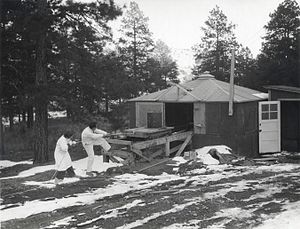 A shack surrounded by pine trees. There is snow on the ground. A man and a woman in white lab coats are pulling on a rope, which is attached to a small trolley on a wooden platform. On top of the trolley is a large cylindrical object.