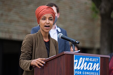 Omar speaking during her 2020 re-election campaign