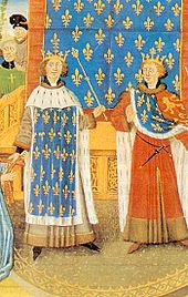 Les souverains français et anglais revêtus de tenues de cour : manteau aux fleurs de lys et portant une couronne