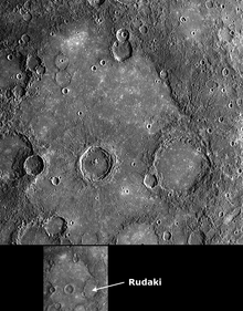 Close up view of the Mercury crater named Rudaki. Image taken from the MESSENGER mission. On the floor of Rudaki and the region surrounding the crater to the west, or left, are areas flooded with lava, leaving only the rims of these craters. This terrain is known as smooth plains, formed by volcanic flows on the surface of Mercury. To the east, or right, of this crater are the inter-crater plains which can be present at many different elevations due to previous uplift after formation. Rudaki CW0131770591G web.png