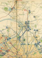 Le carrefour Pleyel est depuis longtemps un pôle important de transports en commun, comme l'indique cette carte du réseau de la STCRP de 1925, montrant les 4 lignes passant par le Carrefour