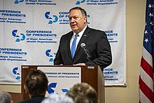 Mike Pompeo speaks at the CoP on 28 May 2019 Secretary Pompeo Delivers Remarks at the Conference of Presidents of Major American Jewish Organizations (47960393552).jpg