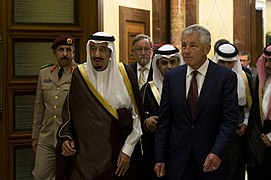Secretary of Defense Chuck Hagel walks with Crown Prince and Minister of Defense Salman bin Abdulaziz al Saud, to a meeting in Riyadh, Saudi Arabia, April 23, 2013.jpg