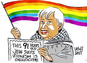 Cartoon drawing of Shatzi Weisberger wearing a keffiyeh. She is holding a rainbow pride flag and a sign that reads "This 91 years old Jew says Zionism is genocide".