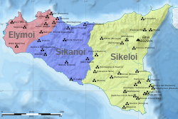 Карта на догръцките народи в Сицилия (от ляво надясно: елимци, сикани, сикули)