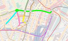 Silver Line Phase III alternatives, showing the original 4 alignments plus the Charles Street Modified (CSM) alignment. The preferred route at the time of the project's cancellation was the CSM alignment (pink) feeding into the core tunnel (green). Silver Line Phase III alternatives.svg