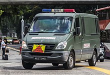 A Mercedes-Benz Sprinter of the SAFMPC, photographed during driver orientation. Singapore Armed Force Military Police MB Sprinter on driver training.jpg