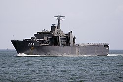 Singapore Strait Passing warship.jpg