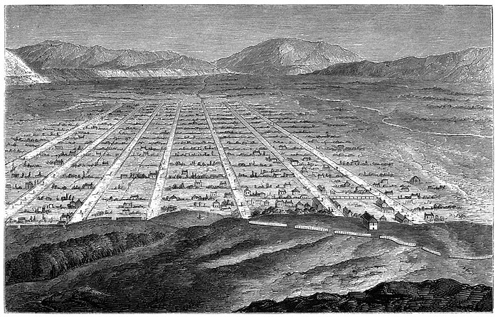 engraving of Salt Lake City showing flat valley laid out with strictly parallel streets and perpendicular rows of small buildings